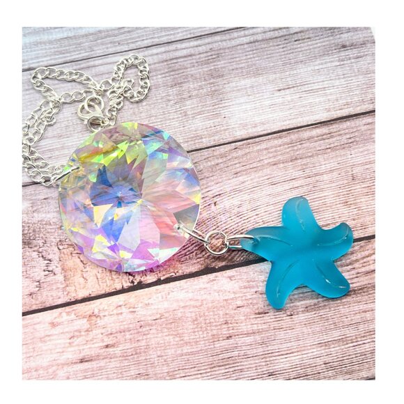 Suncatcher Prism with Starfish Charm, Crystal Disc Rear View Mirror Ornament - Picture 2 of 3